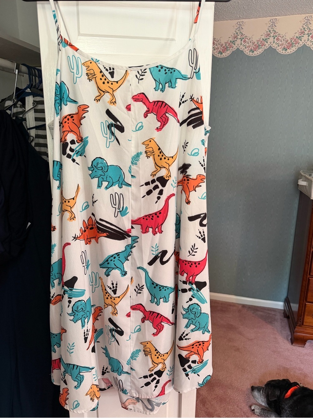 White Midi Dress with Multicolor Dinosaur Print